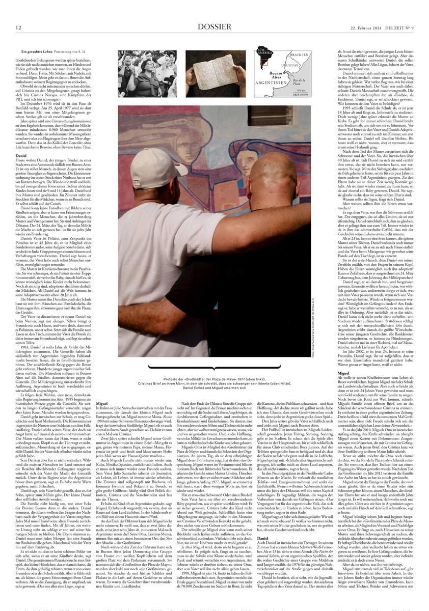 📰Una mujer embarazada es secuestrada por la dictadura argentina en 1976. Nadie sabe si el niño nació. Ahora dos hombres han descubierto la verdad. La conmovedora historia de los hermanos Santucho en 🇩🇪Die Zeit
🖊️<a href="/fatigare/">Pia Rauschenberger</a> <a href="/stellaschalamon/">Stella Schalamon</a>
📷<a href="/OjosdeAnita/">Anita Pouchard Serra</a>
📱zeit.de/2024/09/wieder…