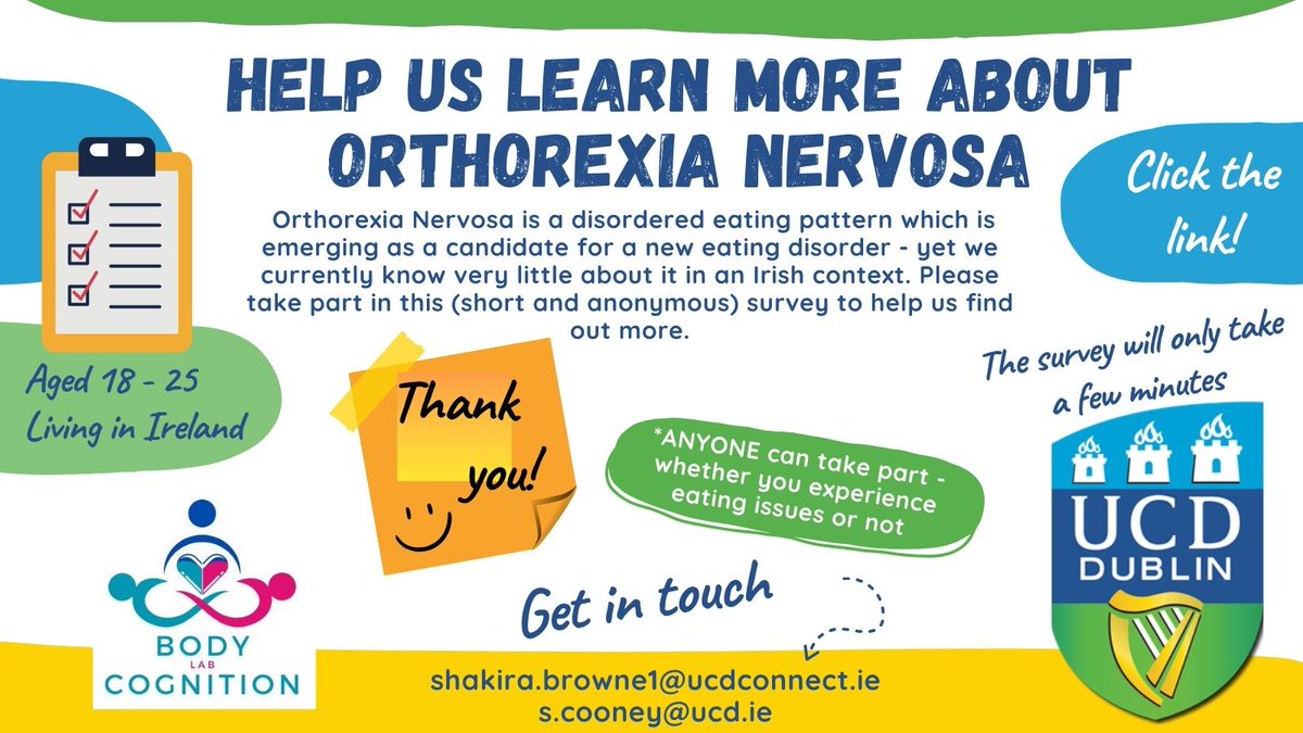 🚨 Aged 18-25 & living in Ireland? 🔎Please help us to learn more about orthorexia nervosa ➡️run.pavlovia.org/pavlovia/surve… @MaryButlerTD @LDCEDS @hse_ymh @lustforlife @NedrcI @caredireland @MindEverybody @DonnellyStephen @HsehealthW @NCP_ED @JigsawYMH
