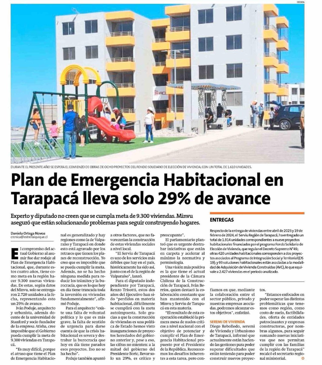 Atisba_Urb's tweet photo. El avance del #PlandeEmergenciaHabitacional en Tarapacá es del 29%, con la entrega de 2.720 viviendas de las 9.300 planeadas. Urbanista, director de #Atisba, @ipoduje señala atrasos generalizados y burocracia como obstáculos. Nota de la periodista @Ivettda vía @laestrellaiqq https://t.co/dVhLkGV3YI