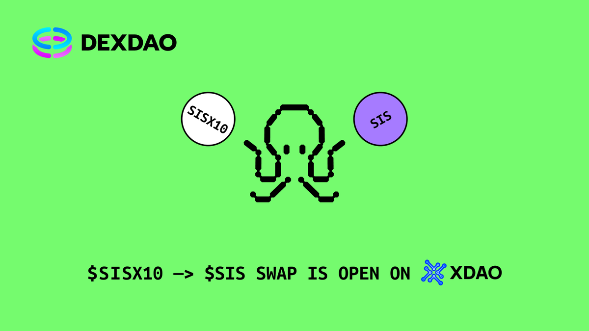 Hey #DEXDAOists and $SISX10 @symbiosis_fi 🐙 holders. Exciting news ahead! The long-awaited swap option for $SISX10 to original $SIS is now open at a 1:1 exchange rate. Don't miss out, the offer is limited! Swap transactions are facilitated on @xdaoapp. Simply click on this…