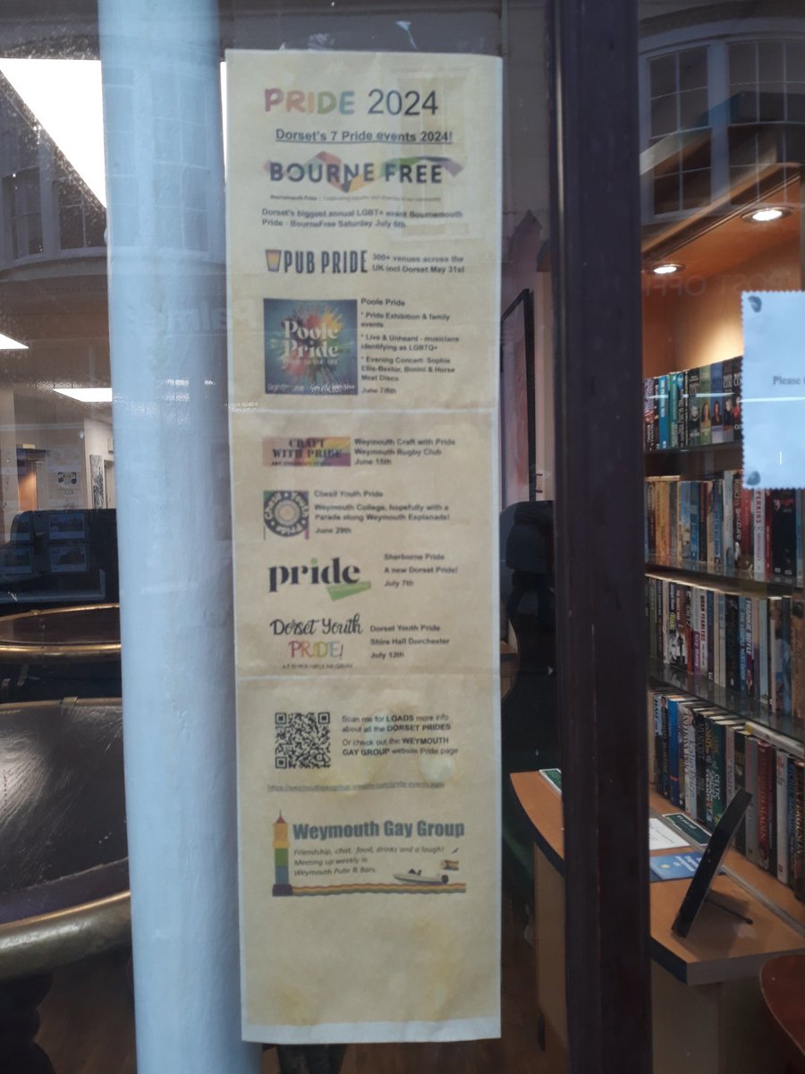 HUGE thanks to #Weymouth Dry Dock & #Weymouth Info Shop for displaying our Pride 2024 posters! (also in towns Library & Post Office) Record SEVEN #LGBT #Pride events in #Dorset 2024! See - weymouthgaygroup.weebly.com/pride-events.h… #HelpAndKindness @helpandkindness