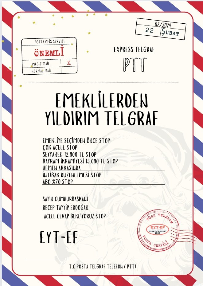 EMEKLİDEN YILDIRIM TELGRAF‼️

Emeklilere çok acele stop
SEYYANEN 12000 TL stop
BAYRAM İKRAMİYESİ 15000 TL stop
Hemen arkasından İNTİBAK stop
ABO %70 stop

Sayın C.B <a href="/RTErdogan/">Recep Tayyip Erdoğan</a> çok acele cevap bekliyoruz stop

#TümEmekliler12BinBekliyor
#EYTyiÇözün5BinKısmiBekliyor
<a href="/isikhanvedat/">Prof. Dr. Vedat Işıkhan</a>