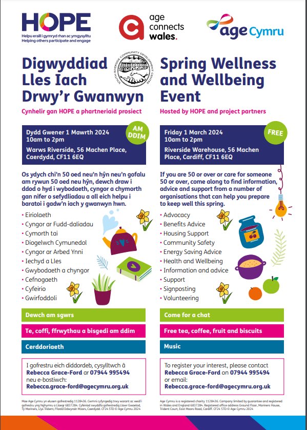 Wellness and Wellbeing event Friday 1st March @SRCDC_Cardiff Riverside Warehouse, lots of information stalls and a performance by @RiverProject @AgeCymru @AgeingWellCymru @AgeAllianceWal @TaffHousing @CCHACorporate @IonaBike @CaroWild @Women_CF @C3SC