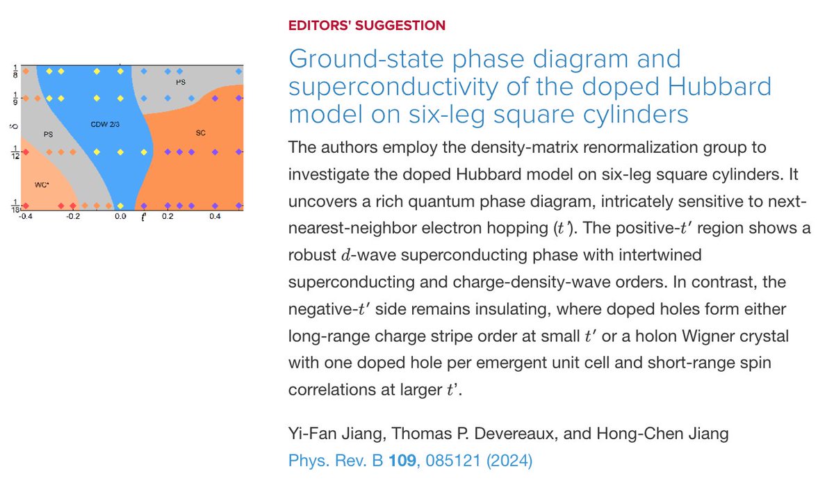 PhysRevB's tweet image. PRB Editors' Suggestion: Ground-state phase diagram and #superconductivity of the doped #HubbardModel on six-leg square cylinders
Yi-Fan Jiang, Thomas P. Devereaux, and Hong-Chen Jiang
Phys. Rev. B 109, 085121
➡️ go.aps.org/48ldWuH
#EdSugg #condmat #physics @APSPhysics