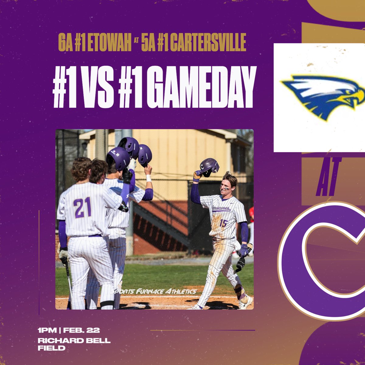 It’s Game Day in Cartersville! For the first time since 2001, it’s #1 vs #1 at Richard Bell Field. 5A #1 Cartersville hosts 6A #1 Etowah, first pitch is scheduled for 1:00PM.