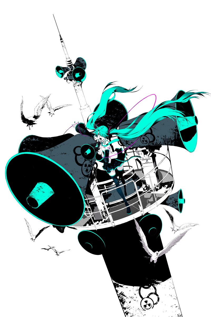 hatsune miku 1girl megaphone long hair solo twintails bird skirt  illustration images