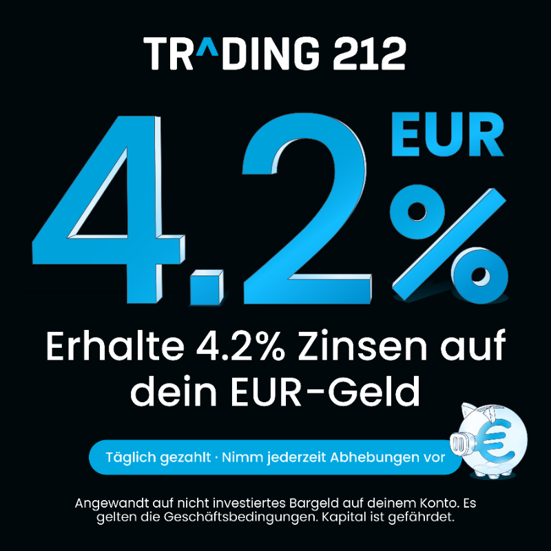 Trading212's tweet photo. Erhalte 4.2% Zinsen auf deine nicht investierten EUR, die täglich ausgezahlt werden.