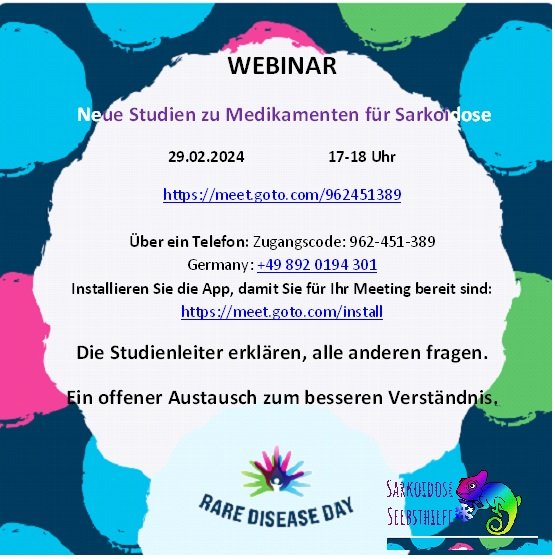 Am #RareDiseaseDay möchten wir auf die neuen Medikamentenstudien hinweisen. Mit den Fachleuten der Studienzentren bekommen wir alles erklärt und finden noch Teilnehmende.
Seit bei dem Fachwebinar für #Sarkoidose dabei. #sarcoidosis