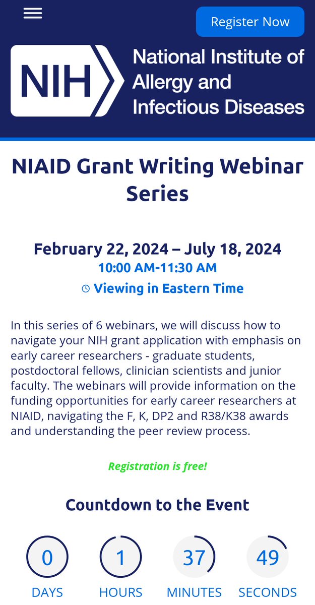 Free @NIH Grant Writing Seminar Every Third Thursday .. starting 90 minutes from now: web.cvent.com/event/21910d89…