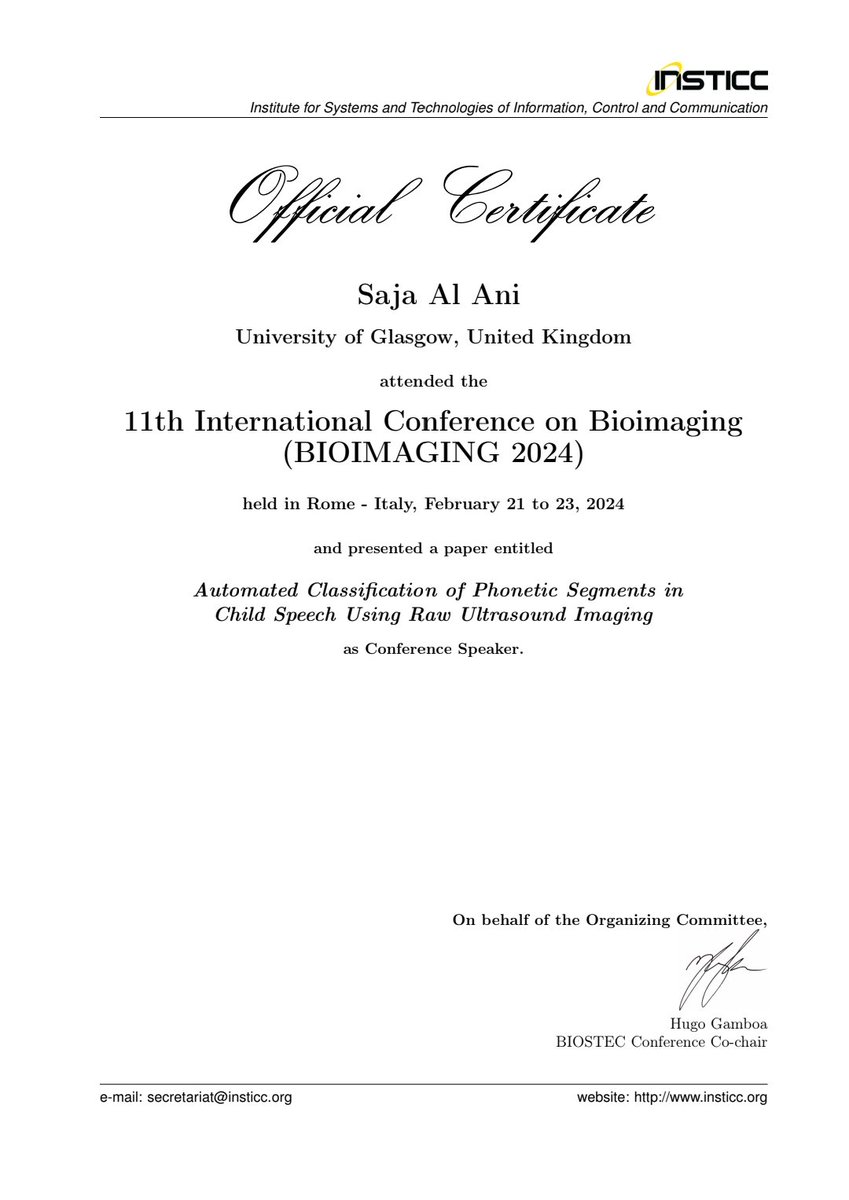 Delighted to present my research in the 11th International Conference of Bioimaging, part of BIOSTEC2024, in Rome, Italy 
A special thanks to my supervisors <a href="/AhmedZoha/">Ahmed Zoha</a> and <a href="/DrJoanneCleland/">Prof Joanne Cleland</a> for their incredible guidance and support. 
#BIOSTEC2024 #FUSECDT  #UoG #UoS