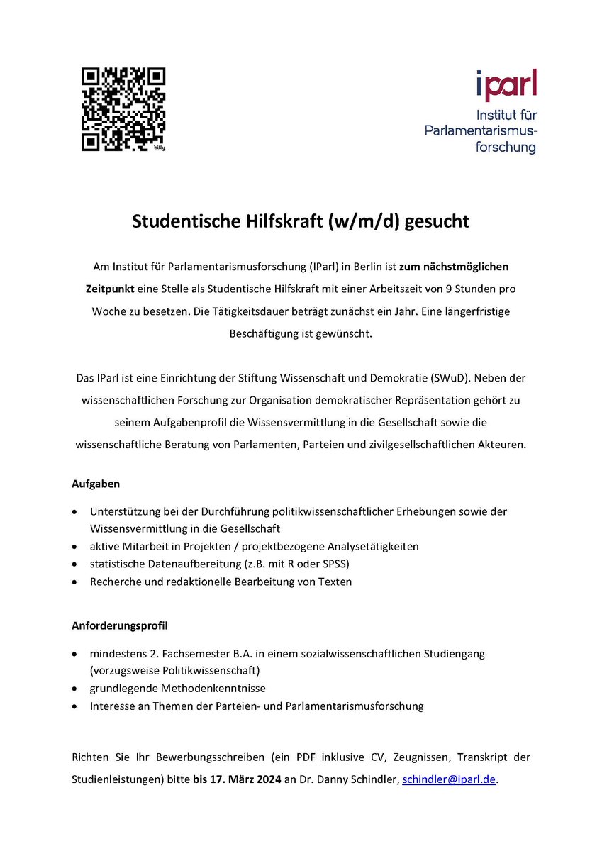 🚨Wir suchen zum nächstmöglichen Zeitpunkt eine Studentische Hilfskraft (m/w/d) 🧑‍💻 Gerne weiterleiten an alle, die Interesse an und Lust auf Themen rund um Parlamente, Parteien und Repräsentation haben. Wir freuen uns auf euch und eure Bewerbungen!🙂