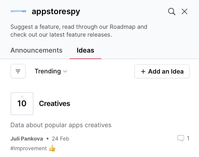 AppstoreSpy's tweet photo. Did you know that you can suggest new features for AppstoreSpy, and we'll make them a reality? Two ideas from our users have already been implemented: Creatives and Early Access apps.

– Navigate to the "What's New" section
– Click on "Ideas"
– Add your idea https://t.co/snIeMZevw9