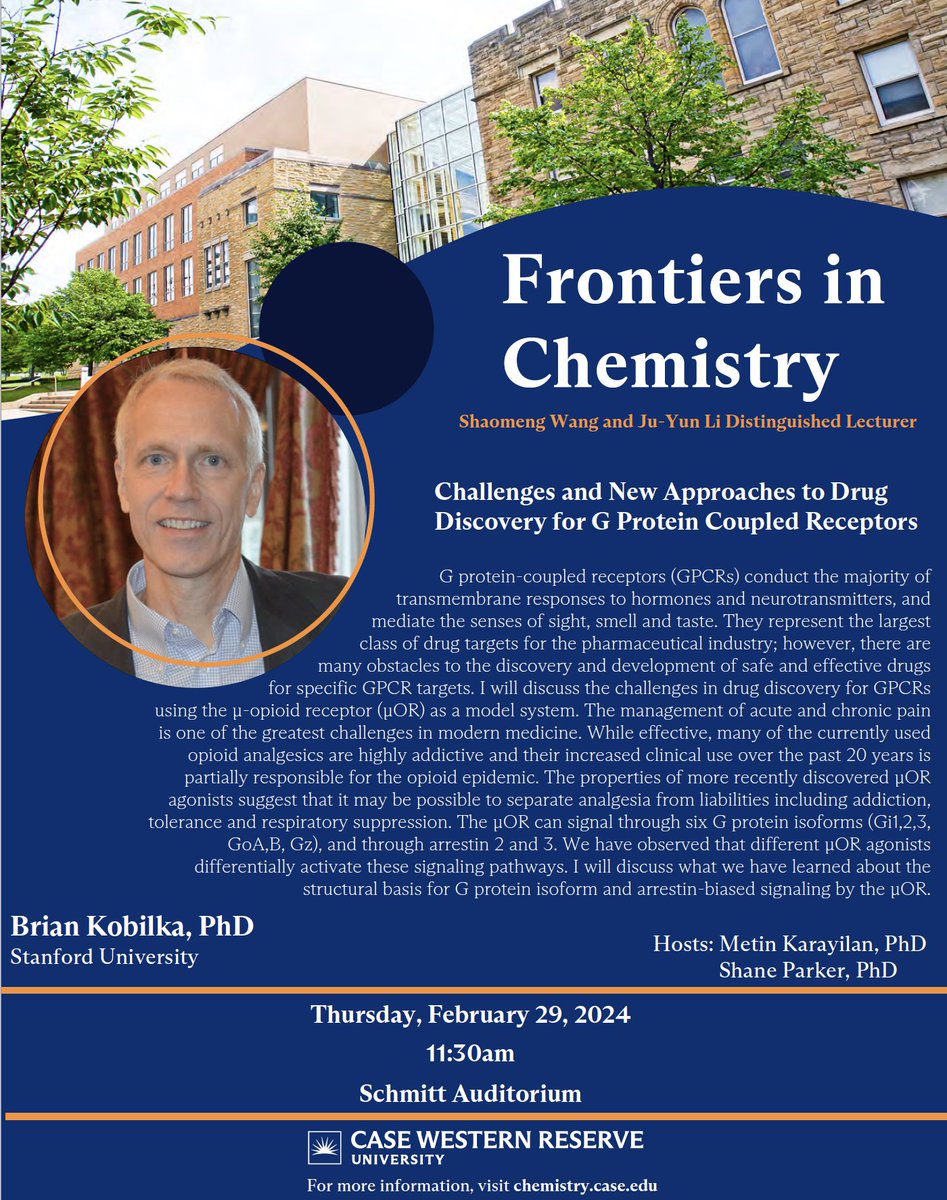 Dr. Brian Kobilka from @Stanford, a recipient of the 2012 @NobelPrize in Chemistry, will be visiting to give his Frontiers in Chemistry Lecture next Thursday, Feb 29 at 11:30am in Schmitt Auditorium. @CWRUartsci @CaseEngineer @CWRUBME @CWRUSOM @cwru @CWRUalumni @ClevelandClinic