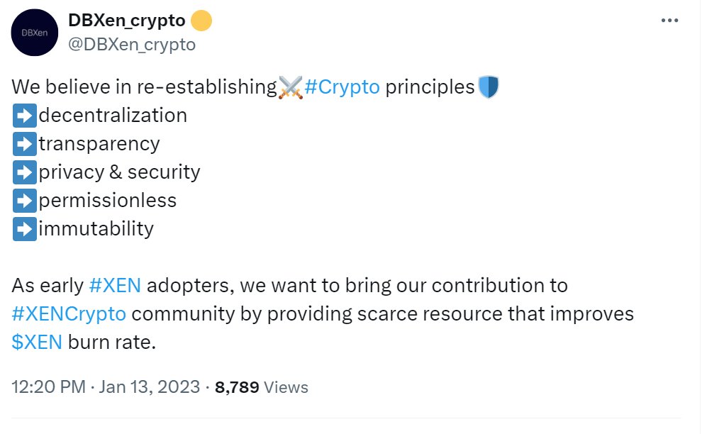 DBXen_crypto's tweet image. When we started this journey more than a year ago we set our mind straight on why we wanted to build &amp;amp; relentlessly innovate

🛡️The answer sits in our core values🫡

Our contribution to #XEN ecosystem spans across several projects

Here is an overview of what we built so far👇
🧵