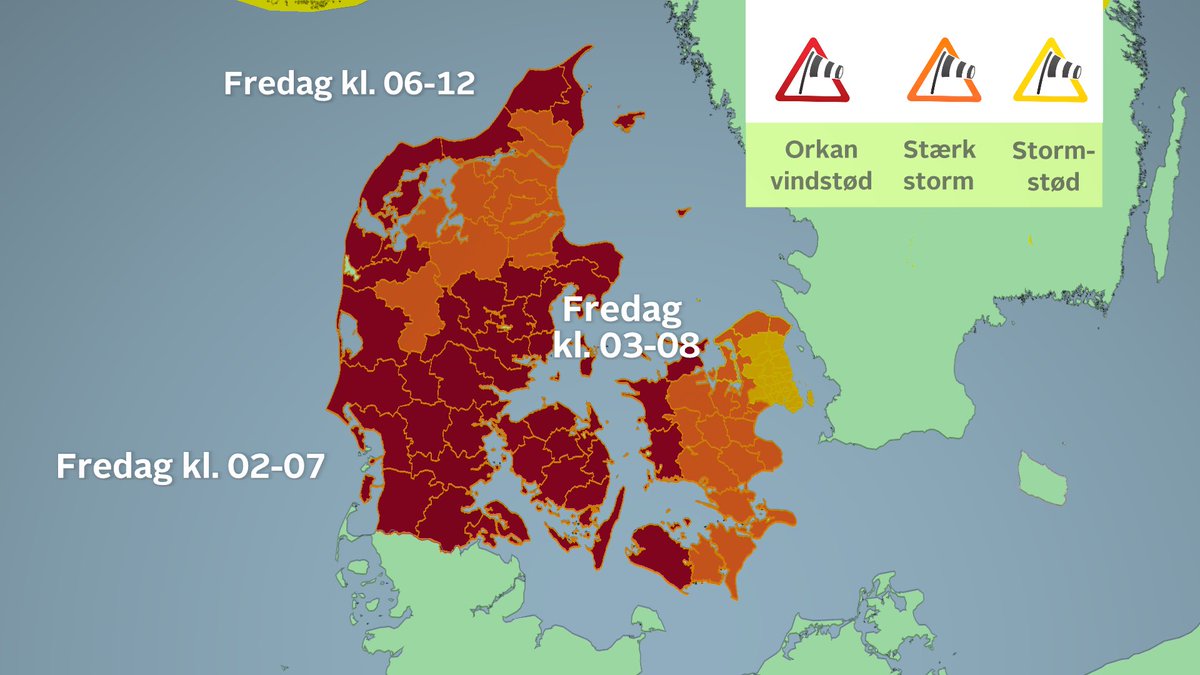 TV 2 Vejr varsler vindstød af orkan styrke i det røde område 🔴natten til fredag og fredag morgen 

🟠Orange områder forventer vi stærk storm i stødene.

Storebælt kan “risikere” at lukke i et tidsrum i nat frem mod morgenen. 

Følg stormen på tv2.dk