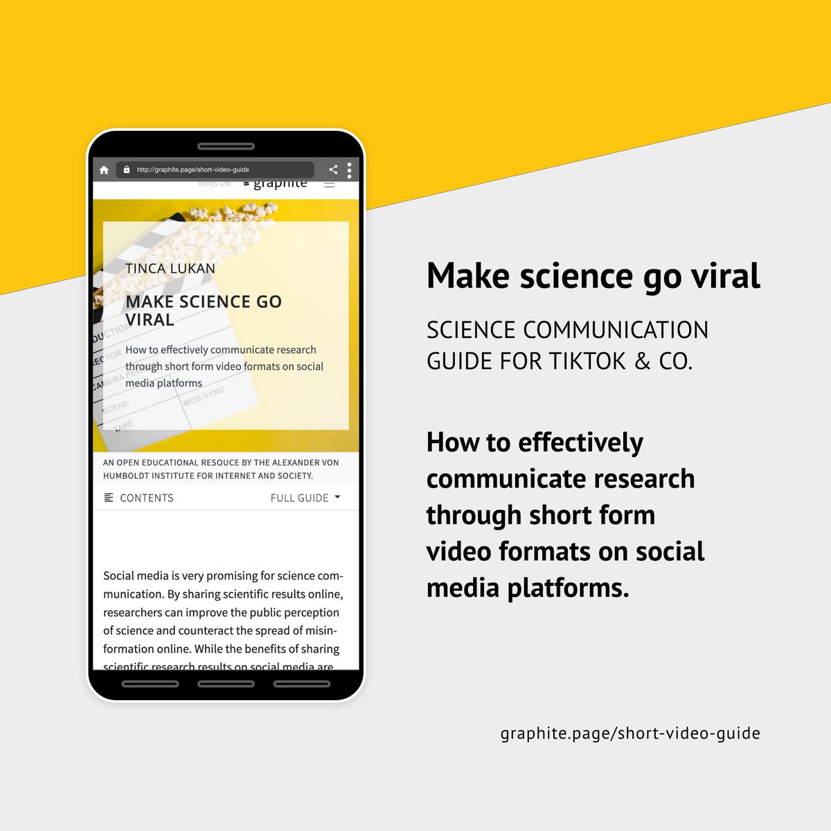 HIIG Berlin (@hiig_berlin) on Twitter photo New #SciComm toolkit for researchers: You want to use #socialmedia to share your scientific findings, but don't know where to start? <a href="/LukanTinca/">Tinca Lukan</a> has developed an #OER that teaches you how to make short videos to communicate effectively on TikTok & co.
👉graphite.page/short-video-gu… New #SciComm toolkit for researchers: You want to use #socialmedia to share your scientific findings, but don't know where to start? <a href="/LukanTinca/">Tinca Lukan</a> has developed an #OER that teaches you how to make short videos to communicate effectively on TikTok & co.
👉graphite.page/short-video-gu…