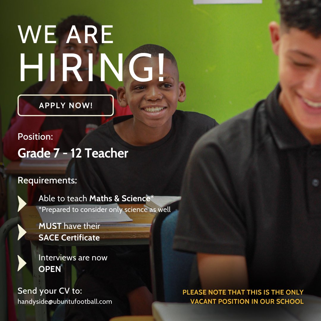 Ubuntu_Football's tweet photo. We have a teaching position vacant in our Academy school! Are you - or someone you know - a SACE registered teacher who loves teaching Science & Maths? Please contact our Headmaster at the email provided!
#ubuntufootball #school #teachers #teachingposition #available #capetown https://t.co/Ge7ocjyPYQ