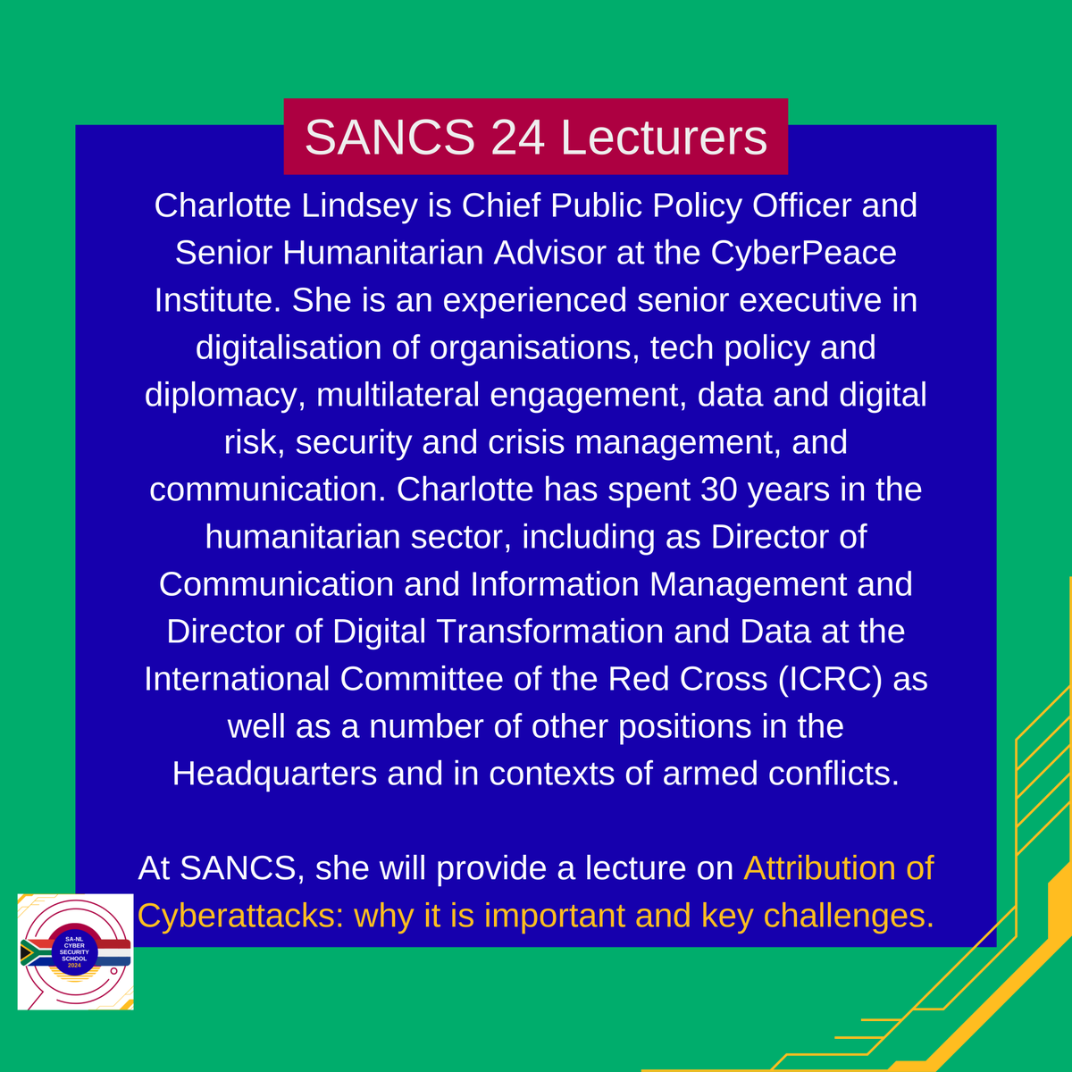 SANCS26's tweet photo. 📢We are happy to announce that @LindseyCharlot, Chief Public Policy Officer at the @CyberpeaceInst will be lecturing at #SANCS24! Read the slides to find out about her expertise and what she will be lecturing on. https://t.co/NpRMc5BCc0