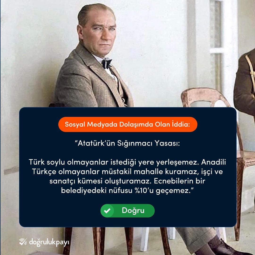 Görselin Atatürk'ün Cumhurbaşkanlığı döneminde yürürlüğe giren İskan Kanunu'na ait maddeleri gösterdiği iddiası doğru.✅

🔗Şimdi oku: dogrulukpayi.com/dogruluk-kontr…