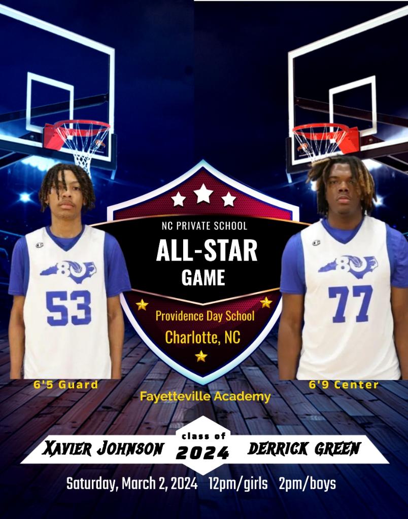 Congratulations to seniors Xavier Johnson and Derrick Green who were selected to play in the N.C. Private School All-Star Game in Charlotte on Saturday, March 2. Way to go, Eagles! #MYFA #EducationElevated #FAathletics #fayettevilleacademy #fayettevillenc