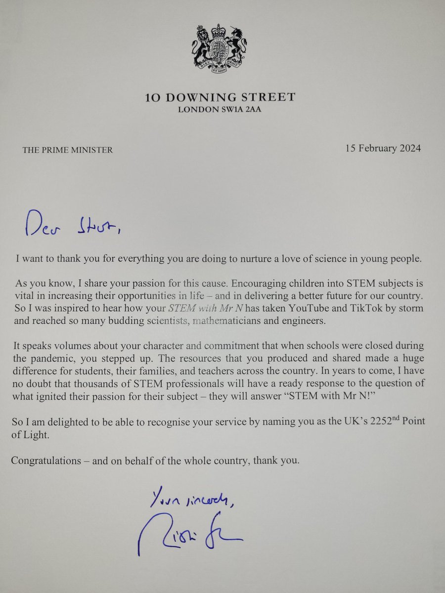 Mr_S_Naismith's tweet photo. "Dear Mr N...
From, Number 10"
My letter from Prime Minister @RishiSunak MP in recognition of my Points of Light Award! Still surreal thinking about being presented with the award by Deputy PM @OliverDowden MP.
#pointsoflight #stem #stemeducation #number10 #award #stemwithmrn https://t.co/ziLUeZfbWh