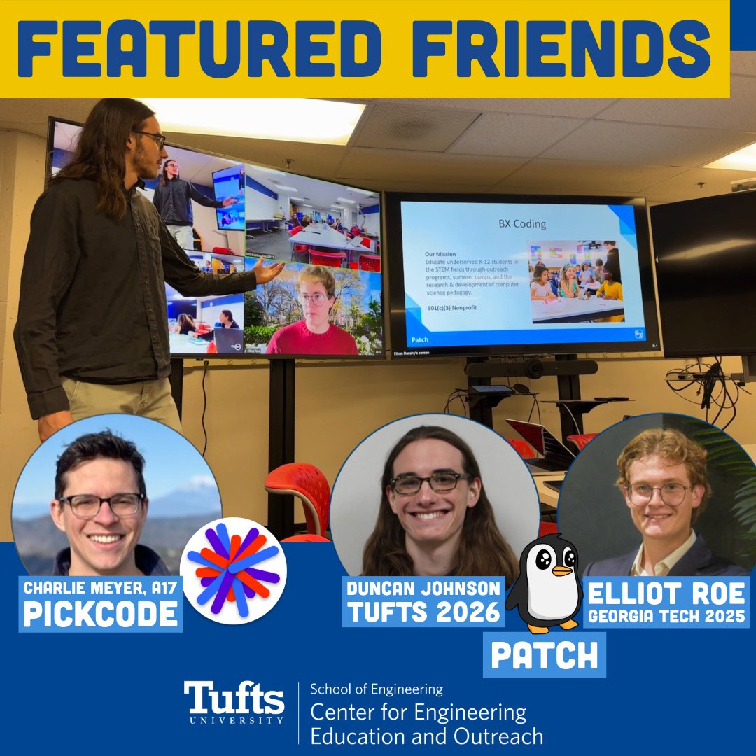 TuftsCEEO's tweet image. This week, we had a great visit with Charlie Meyer creator of @pickcode_io and Duncan Johnson and Elliot Roe creators of Patch. They let us test their coding environments!
Pickcode: pickcode.io
Patch: bx-coding.github.io/patch-ide/