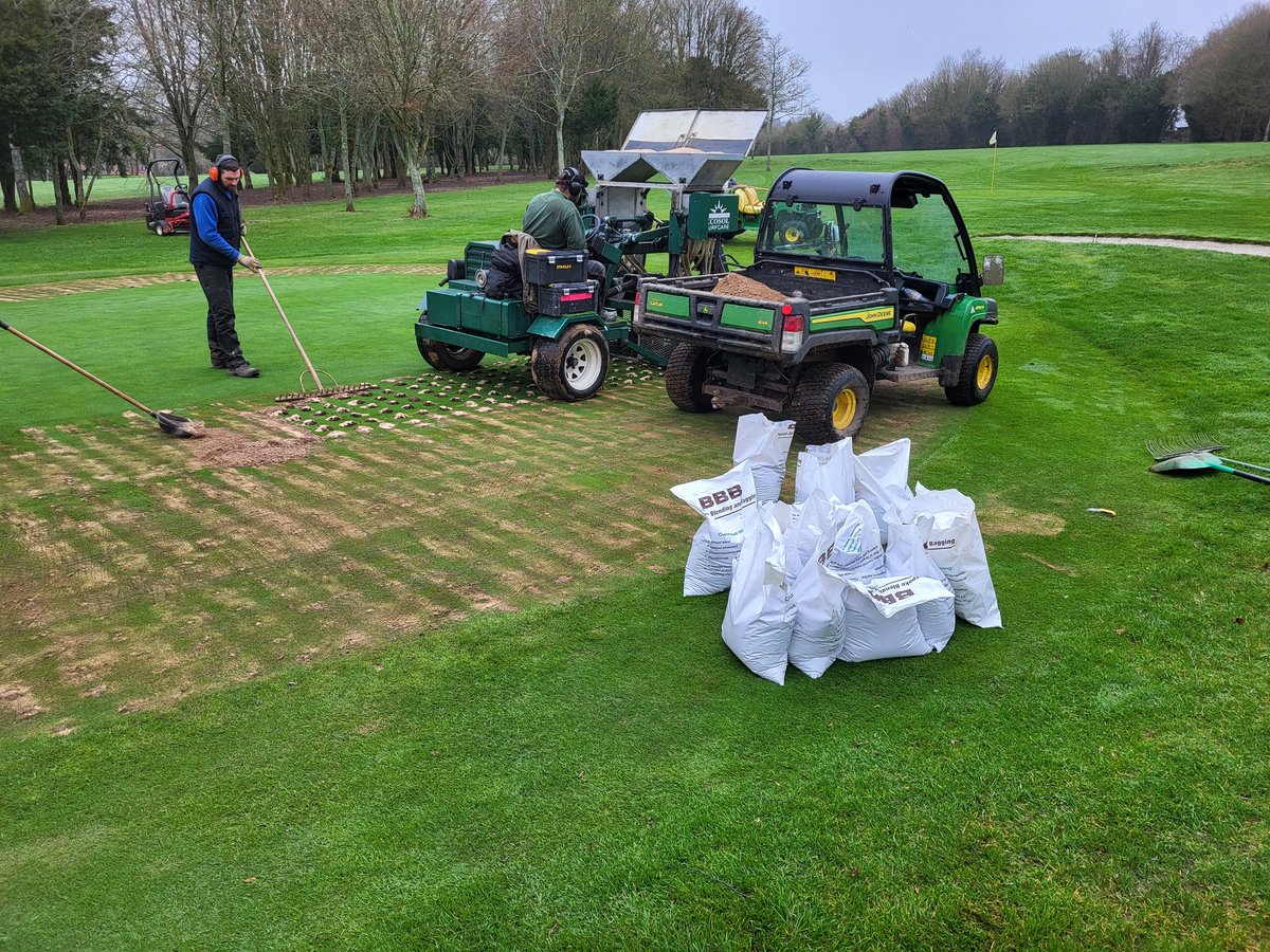 GreenstaffAGC's tweet photo. The wet weather has beaten us for now but glad to get Drill and Fill done on our wettest greens along with some deep tine aeration and top dressing. https://t.co/aVhjAXwtae