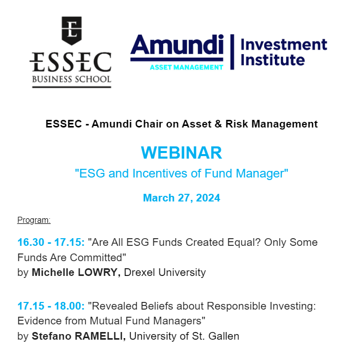WEBINAR "ESG and Incentives of Fund Manager" - March 27, 2024 (16:30 to 18:00, Paris time).  
Program and free registration: eventbrite.fr/e/essec-amundi…
ESSEC-Amundi Chair Website: lnkd.in/derVcpx