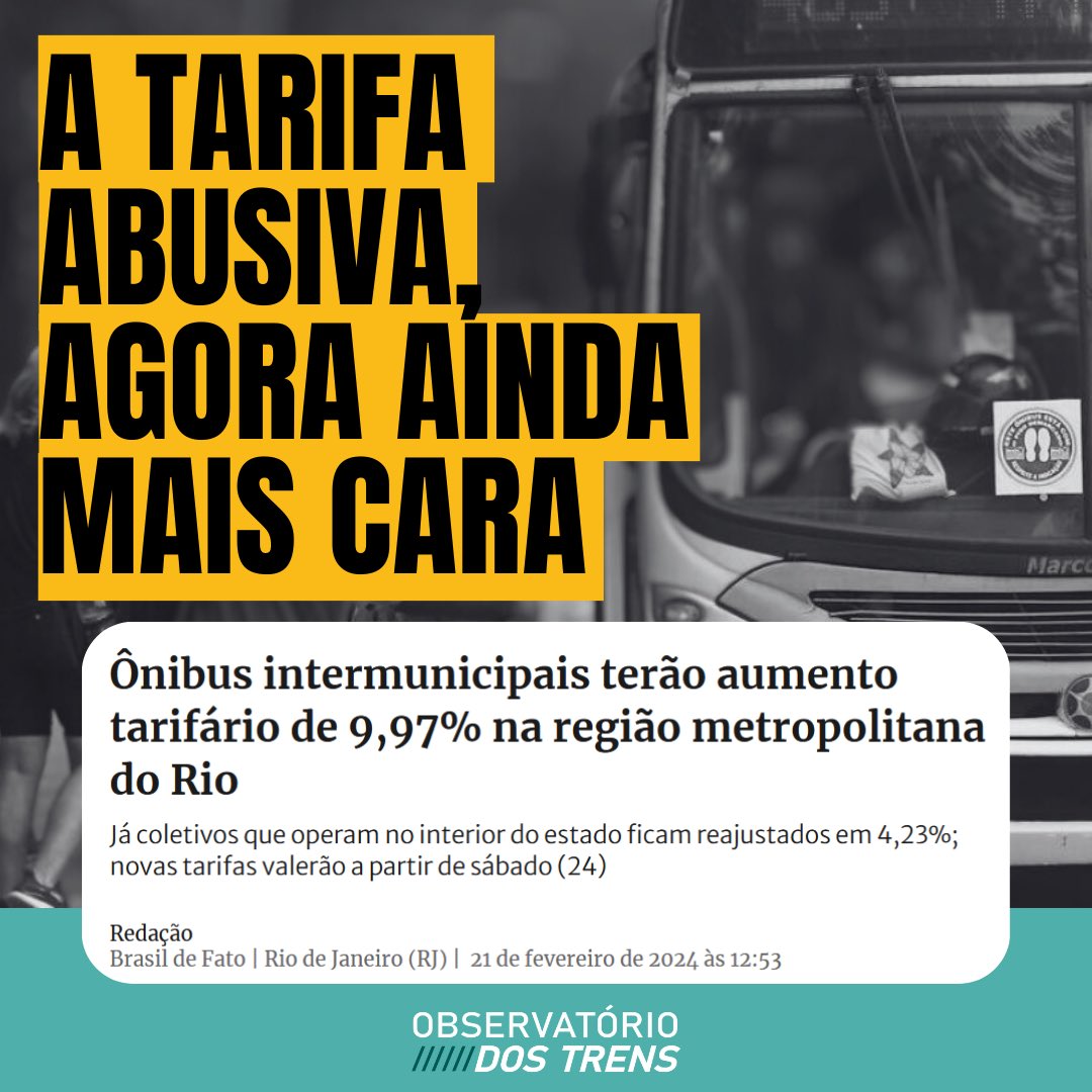 Transporte caro, demorado e sucateado? É COM O RJ MESMO!

Mais um ano com aumento das passagens de ônibus intermunicipais, sem nenhuma promessa de melhoria nas linhas. Não aguentamos mais pagar essa conta abusiva, que compromete grande parte do salário do trabalhador fluminense