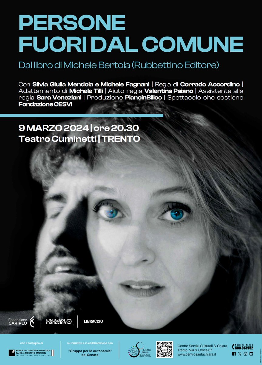 Il 9 marzo ore 20.30 a Trento uno #spettacolo spirato alle storie di #MicheleBertola, che vuole restituire l’#umanità, le #fragilità e i punti di forza del mondo che si cela dietro le mura dei ‘Comuni’.

Su iniziativa e in collaborazione del Gruppo per le Autonomie del #Senato.