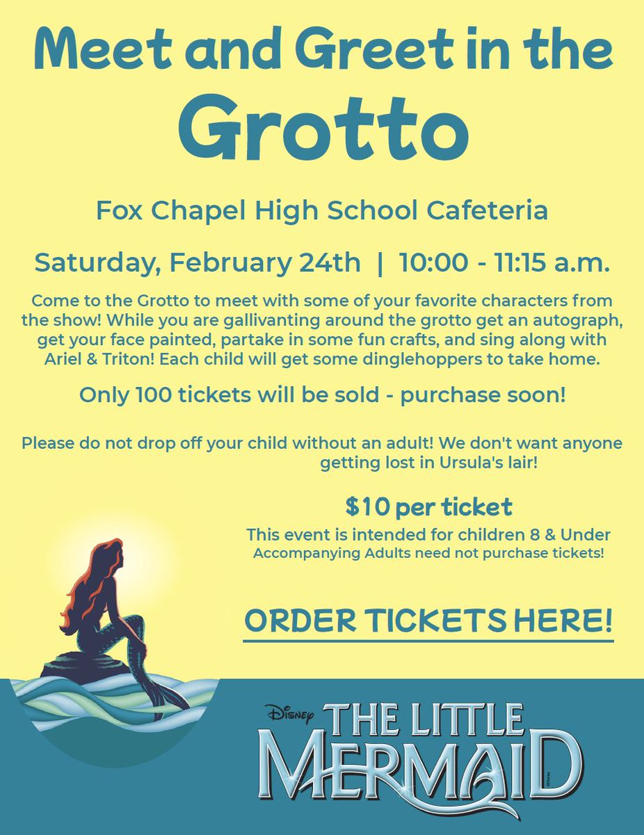 The performers of FCAHS' spring musical, 'The Little Mermaid,' will hold a 'Meet and Greet in the Grotto' for children ages 8 and younger from 10-11:15 a.m. 2/24 in the FCAHS cafeteria. Tickets are $10 each, and only 100 will be sold! Purchase yours at showtix4u.com/events/fcahsmu….