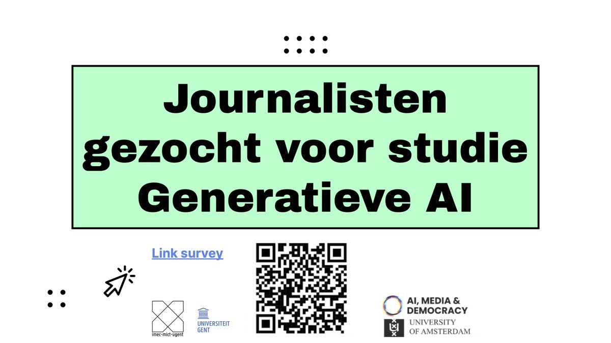 ✨𝐉𝐨𝐮𝐫𝐧𝐚𝐥𝐢𝐬𝐭𝐞𝐧 𝐠𝐞𝐳𝐨𝐜𝐡𝐭 voor onze survey naar generatieve AI op redacties in Nederland & België Link: ugent.qualtrics.com/jfe/form/SV_6h… RT = 🫶