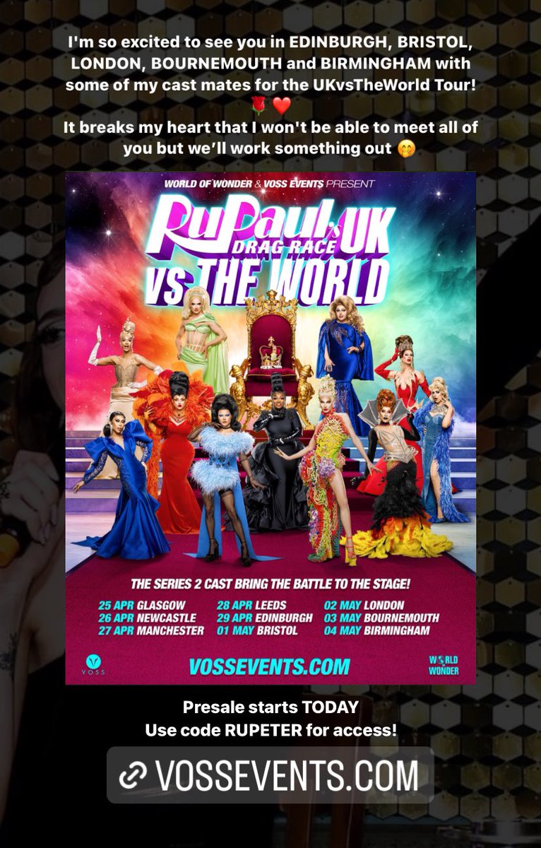 So excited to announce this ✨Spanish loser✨ is going on the road! The TOUR for #DragRaceUK vs The World is coming this Spring! 🇬🇧🌍

Presale starts TODAY at VossEvents.com with code RUPETER @dragraceukbbc @worldofwonder @VossEvents