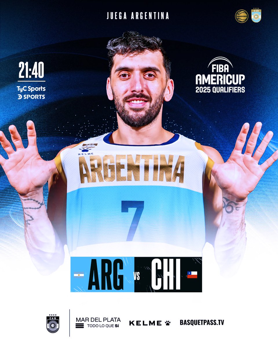 🔛 ¡Hoy juega 𝘼𝙍𝙂𝙀𝙉𝙏𝙄𝙉𝘼! 🇦🇷 🏀 La Selección hace su presentación en las ventanas clasificatorias a la @AmeriCup 2025 ⏰ 21:40hs 🆚 @ChileFeba 🇨🇱 📺 TyC Sports y DSports 🎟️ Entradas a la venta en tuentrada.com/eventos/detall… 🏟️ Polideportivo Islas Malvinas, Mar del Plata 🇦🇷