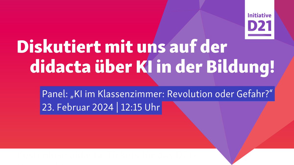 „KI im Klassenzimmer: Revolution oder Gefahr?“ Wir gestalten ein spannendes Panel bei der #didacta Bildungsmesse 2024 – kommt gern morgen (23.2.) um 12:15 Uhr im Forum Bildungsperspektiven vorbei! initiatived21.de/veranstaltunge…