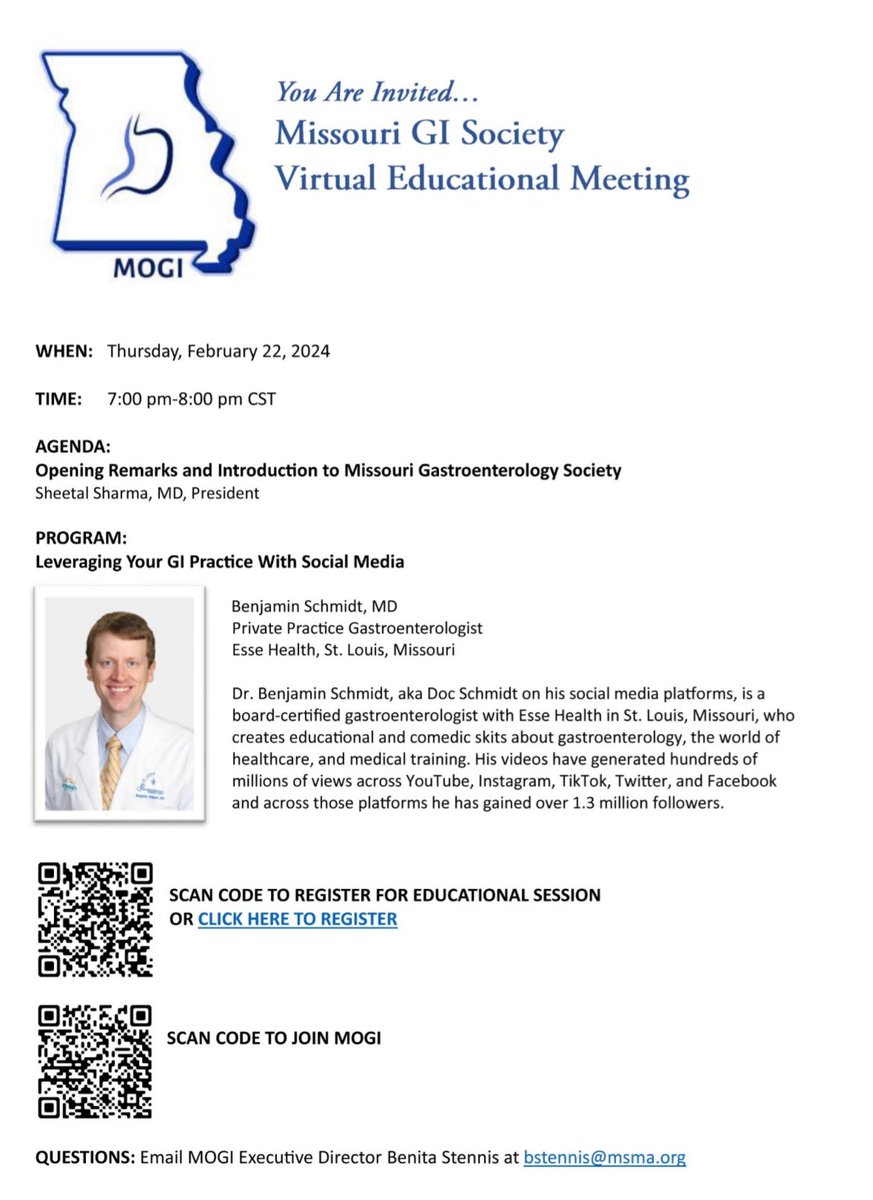 🚨 happening tonight! At 7 pm. Tune into the MO GI Society Virtual meeting to hear from our former fellow and social media ⭐️ @schmidt_doc ! “leveraging your GI Practice with Social Media” #GITwitter