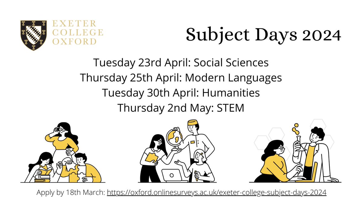 📢We are delighted to announce our upcoming Subject Days
If you are a #year11 or #year12 student who is interested in finding out more about studying certain subjects at
<a href="/UniofOxford/">University of Oxford</a> then these days will be perfect for you! 🎓
Apply here oxford.onlinesurveys.ac.uk/exeter-college…… #OxOutreach