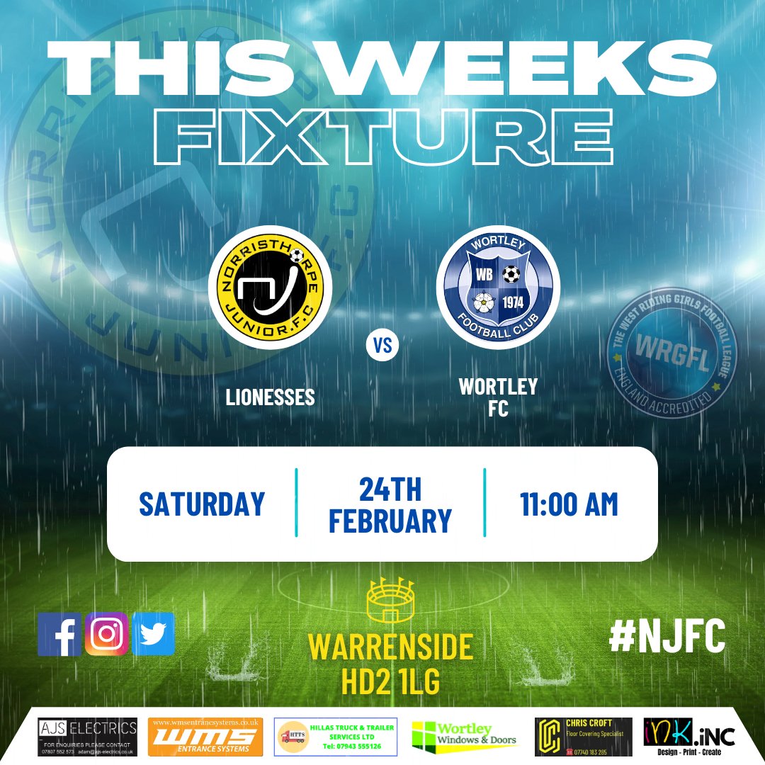 This Saturday we are home against Wortley FC ⚽ There is going to be a pitch inspection tomorrow so we will keep you posted ☔
🏆League
⏰11:00am
📍HD2 1LG
Hope you can join us to cheer the Lionesses on 👏
#NJFC #wrgfl #girlsfootball #norristhorpejfc #WeGoAgain #girlsfootballteam