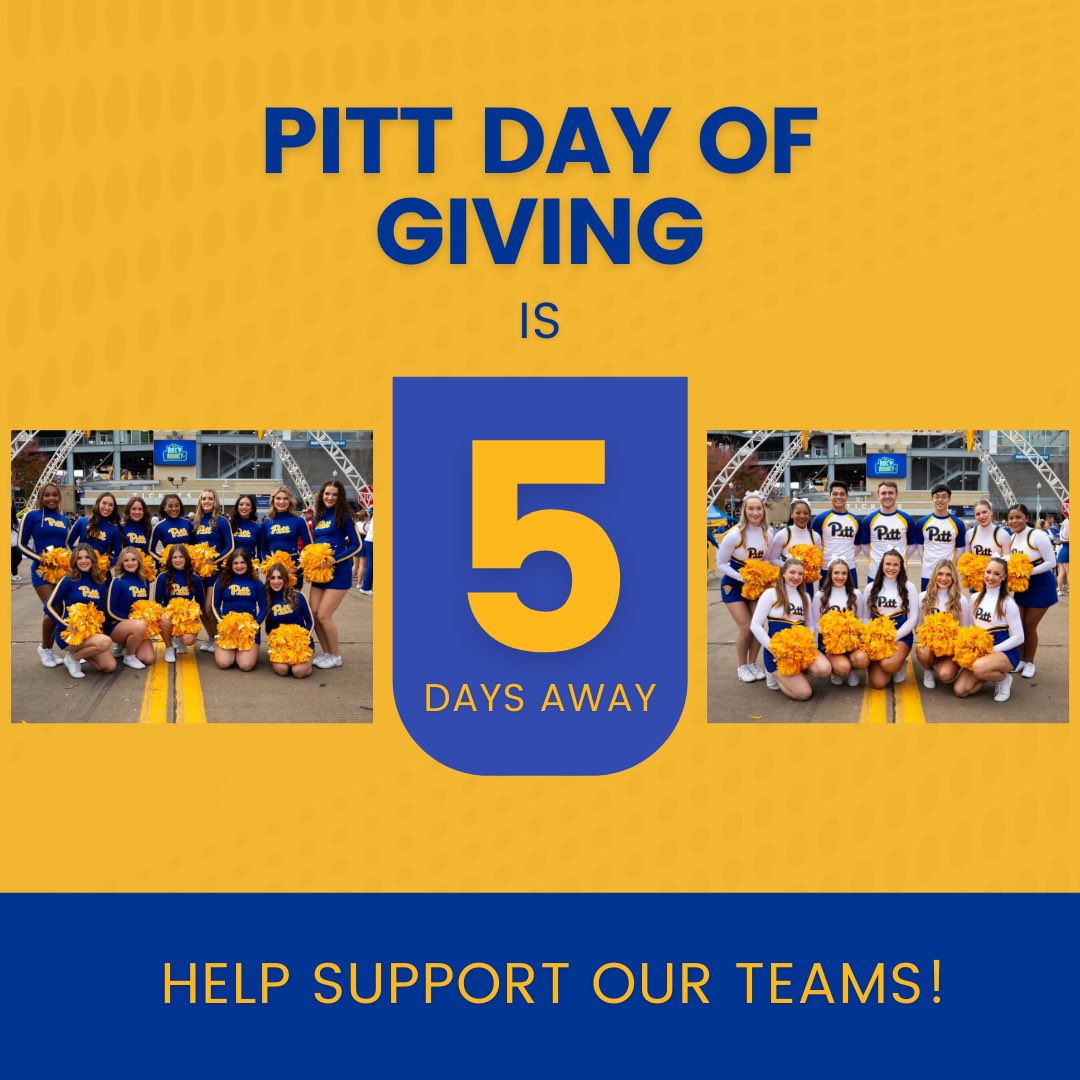Pitt Day of Giving is just 5 days away! Join us to help support Pitt Cheer and Dance!💛💙 @Pitt_Cheer