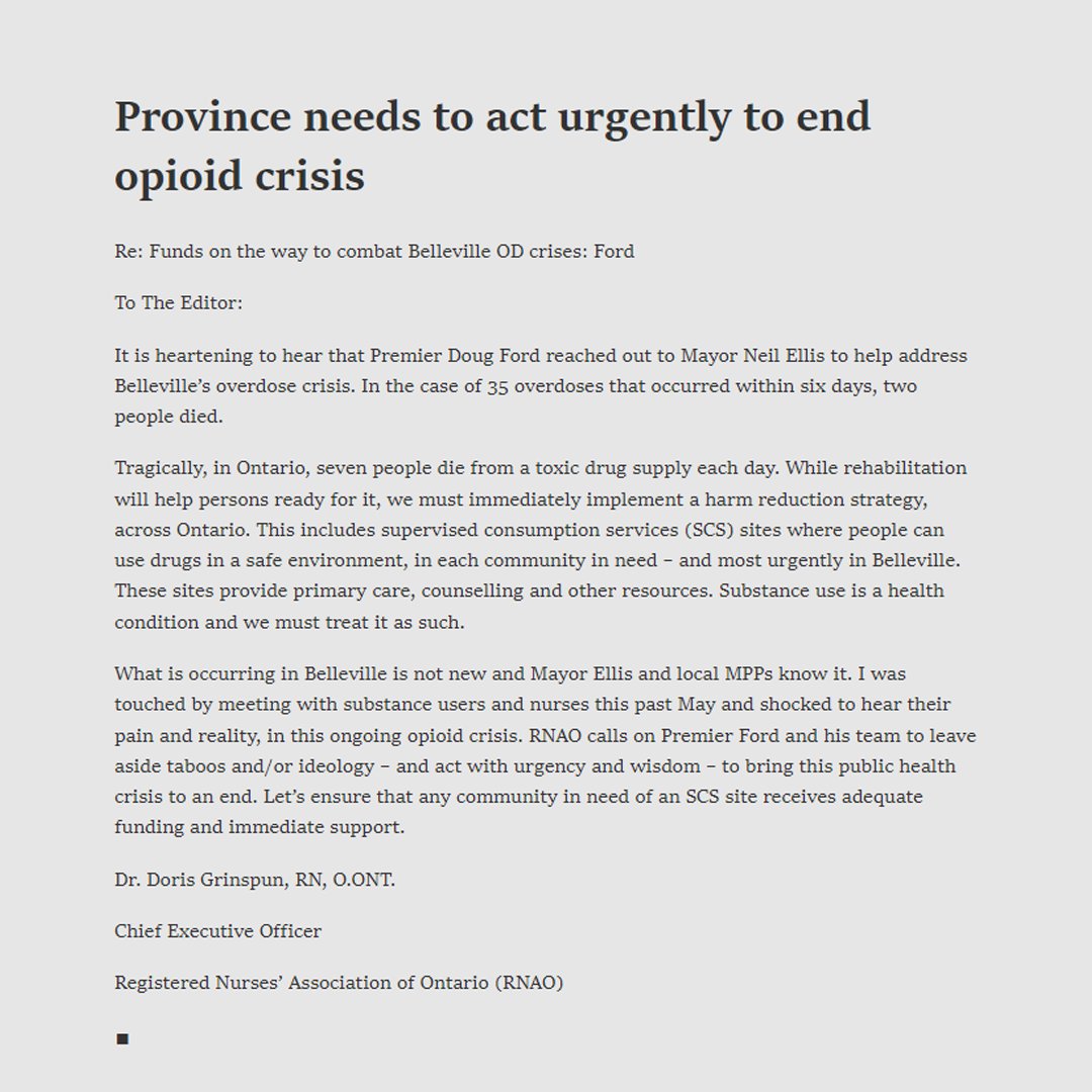 'RNAO calls on Premier @fordnation and his team to leave aside taboos and/or ideology – and act with urgency and wisdom – to bring [Ontario's #OverdoseCrisis] to an end,' says RNAO CEO @DorisGrinspun. #onpoli ⬇️Read her letter to the editor in @TheIntell: intelligencer.ca/opinion/letter…