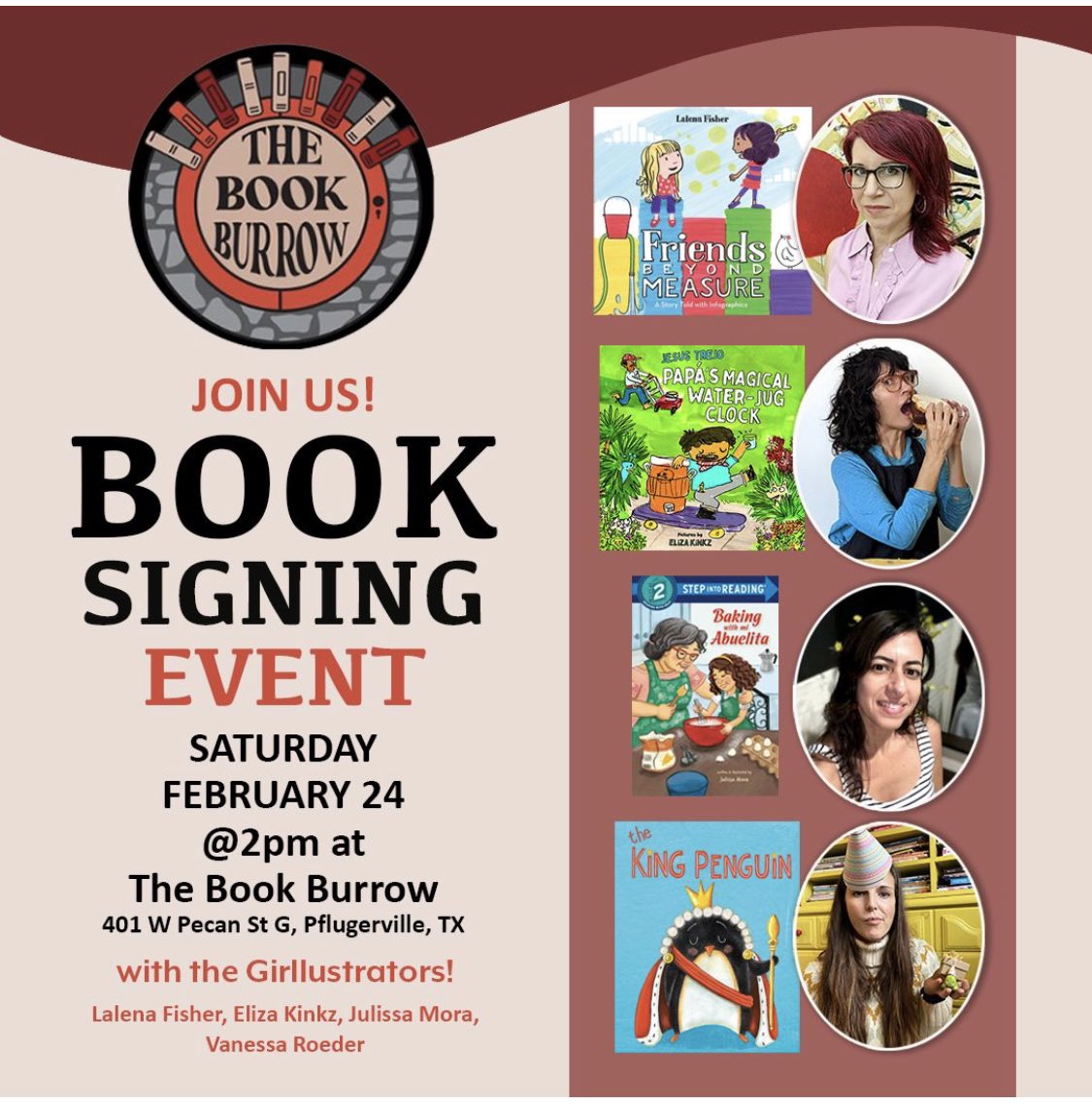 Near Pflugerville? Been to the charming Book Burrow? Come out on Saturday and join us Girllustrators for drawing activities and book signings! @LalenaFisher @elizakinkz @JulissaMora @nessadeeart hope to see you!