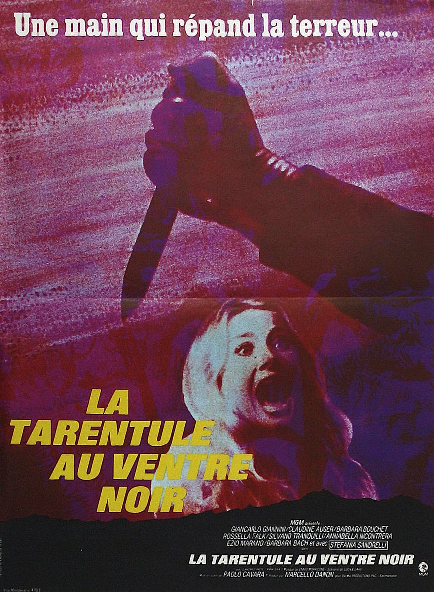 French film poster for #BlackBellyOfTheTarantula (1971 - Dir. #PaoloCavara) #GiancarloGiannini #ClaudineAuger #BarbaraBouchet #BarbaraBach #Giallo