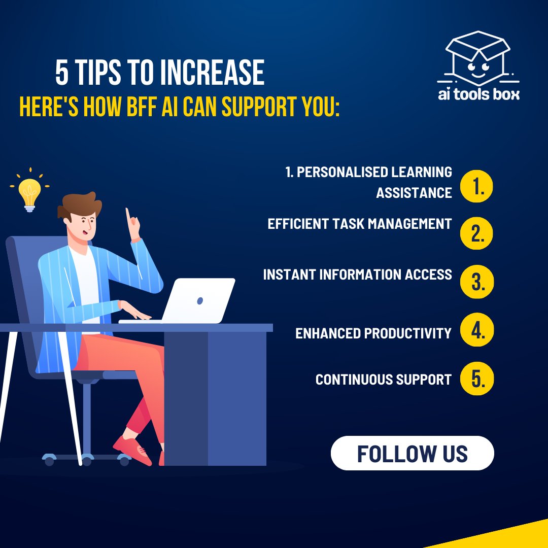 AiToolsBox's tweet image. 🤖💥 Boost Your Learning &amp;amp; Work with BFF AI! Customised learning, efficient task management, instant info, and 24/7 support – all in one AI companion. Elevate your productivity today with BFF AI ➡️ [Your Affiliate Link] #BFFAI #DigitalAssistant #LearningAndProductivity