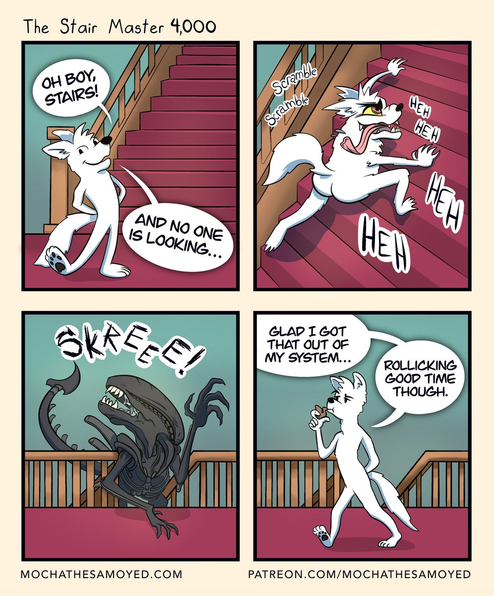 MochaTheSamoyed's tweet photo. Freedom from societal expectations! Feelings of being unhinged! What are taxes!? Only STAIRS! ONLY STAIRS!

#comic #webcomic #alien #stairs #funny #cute #memes #relatable https://t.co/kjuknsP3iR