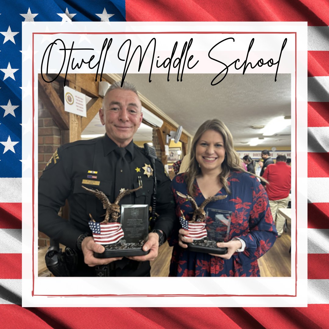The Veterans of Foreign Wars of Forsyth County Post 9143 recognize outstanding members of our community each year with scholarships and awards.  Last night, Otwell Middle School had two Bulldogs recognized for their dedication to our community, Jessica Jacobs and Officer Young!