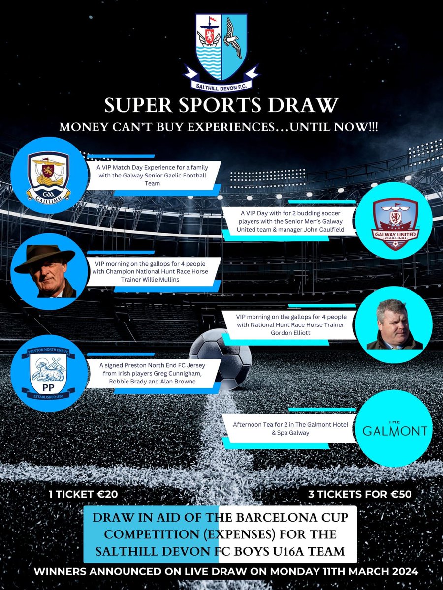 Sinéad Cassidy (@sineadcas) on Twitter photo 🔥HELP NEEDED: 📱 PLEASE RT
⚽️ Fundraiser for my sons soccer team, the U16A team <a href="/salthilldevonfc/">Salthill Devon FC</a> who are off to the Barcelona Cup
💥WIN: money can’t buy experiences
🎟️ member.clubforce.com/tickets_m.asp?…
🫶🏼Huge thank you to all who have supported amazing prizes for this draw. 🔥HELP NEEDED: 📱 PLEASE RT
⚽️ Fundraiser for my sons soccer team, the U16A team <a href="/salthilldevonfc/">Salthill Devon FC</a> who are off to the Barcelona Cup
💥WIN: money can’t buy experiences
🎟️ member.clubforce.com/tickets_m.asp?…
🫶🏼Huge thank you to all who have supported amazing prizes for this draw.