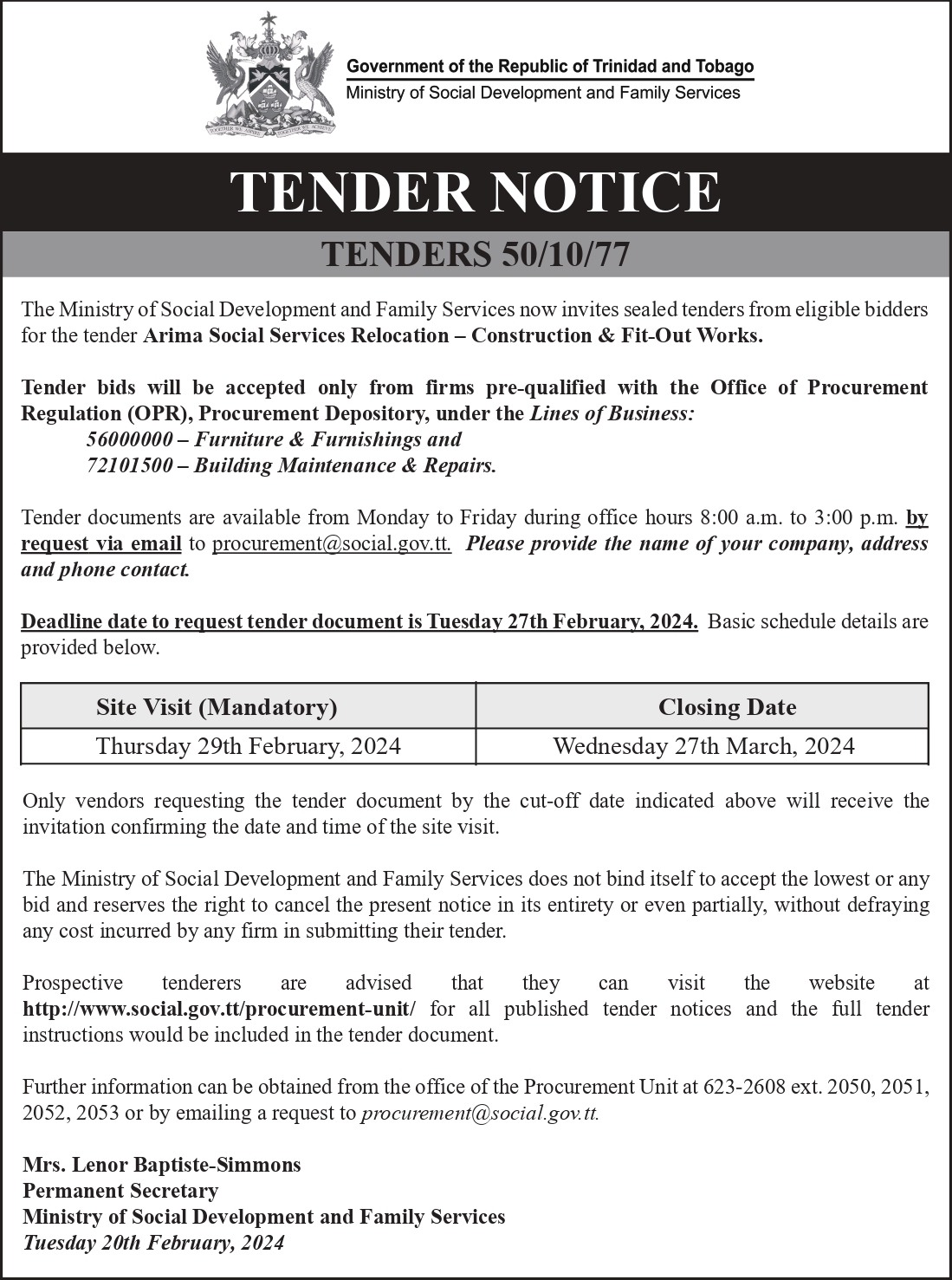 Ministry of Social Development and Family Services on X: &ldquo;Tender 