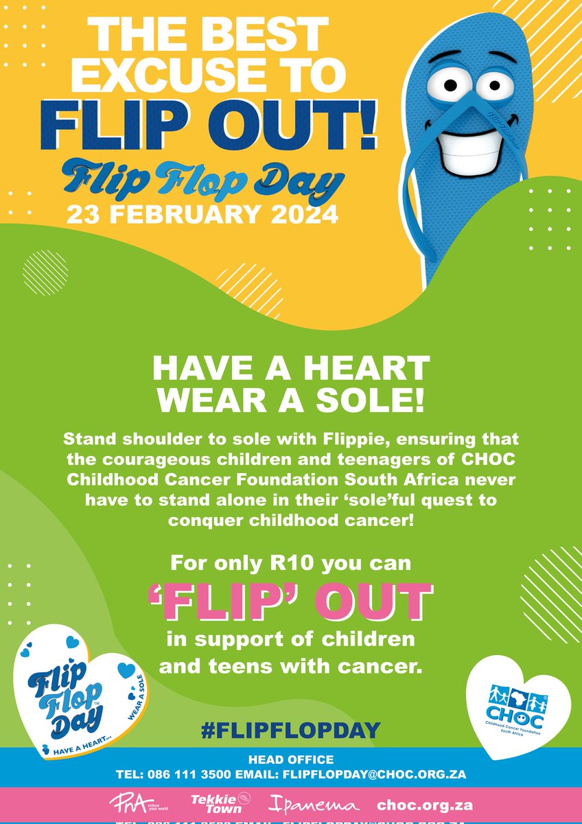 adventures_m's tweet photo. Are you ready to join in? Let’s flip for CHOC!

Join us tomorrow for Flip Flop Day 2024. 

You can get your sticker for only R10 at your nearest PNA, Tekkie Town, or by visiting https://t.co/P3l4XqyPa4 
@CHOCfoundation

#FlipFlopDay2024 #FlipFlopDay #FlipFlopDayLaunch #CHOCSA https://t.co/S9GP604xx2