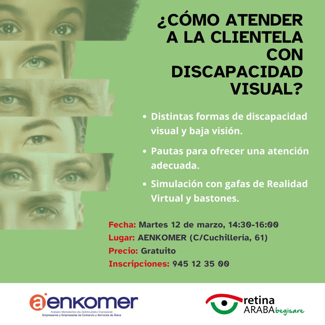 ¿Sabes como brindar un servicio inclusivo y de calidad a las personas con discapacidad visual?

📆 Martes 12 de marzo,14:30h - 16:00h
📍 AENKOMER (C/Cuchilleria, 61)
💰 Formacion Gratuita

¡Haz tu comercio mas inclusivo! 🌐

📋 Inscripciones: 945 12 35 00 - info@aenkomer.com