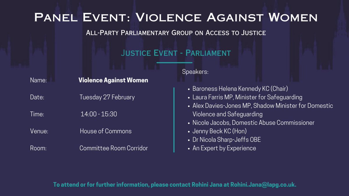 APPG on Access to Justice (@appgjustice) on Twitter photo Next Tuesday, 27 February we'll be hosting a meeting on Violence against Women in Westminster. Chaired by <a href="/HelenaKennedyQC/">HelenaKennedy</a>, we'll be joined by Min <a href="/Laura__Farris/">Laura Farris</a>, Shadow Min <a href="/AlexDaviesJones/">Alex Davies-Jones MP</a>, <a href="/CommissionerDA/">Dame Nicole Jacobs</a>,<a href="/BeckFitzgerald/">Jenny Beck</a>, @nicolajanesharp <a href="/SEAresource/">Surviving Economic Abuse</a> + an expert by experience Next Tuesday, 27 February we'll be hosting a meeting on Violence against Women in Westminster. Chaired by <a href="/HelenaKennedyQC/">HelenaKennedy</a>, we'll be joined by Min <a href="/Laura__Farris/">Laura Farris</a>, Shadow Min <a href="/AlexDaviesJones/">Alex Davies-Jones MP</a>, <a href="/CommissionerDA/">Dame Nicole Jacobs</a>,<a href="/BeckFitzgerald/">Jenny Beck</a>, @nicolajanesharp <a href="/SEAresource/">Surviving Economic Abuse</a> + an expert by experience